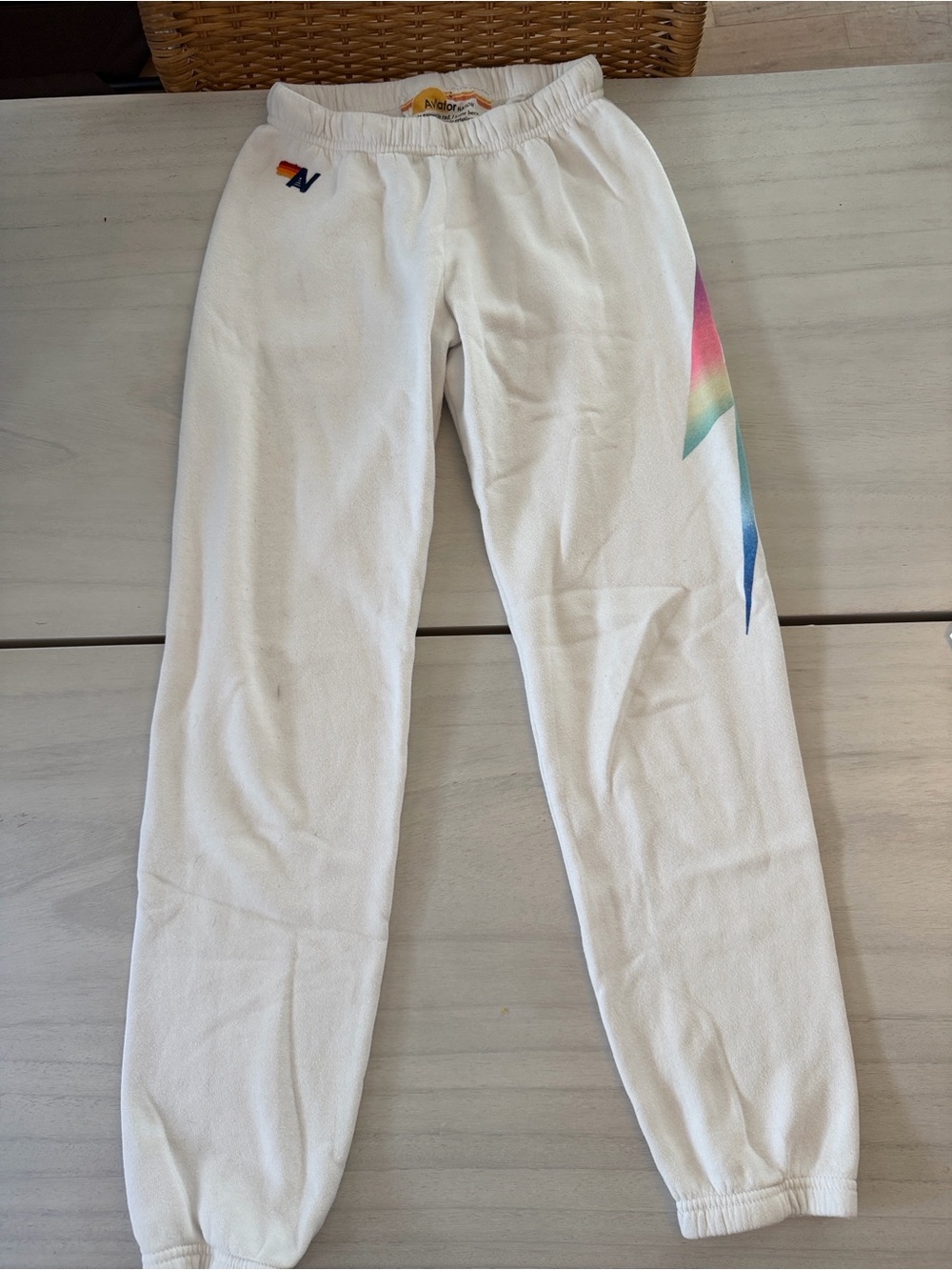 Aviator Nation Vintage Rainbow Bolt Sweatpants White Fleece Unisex